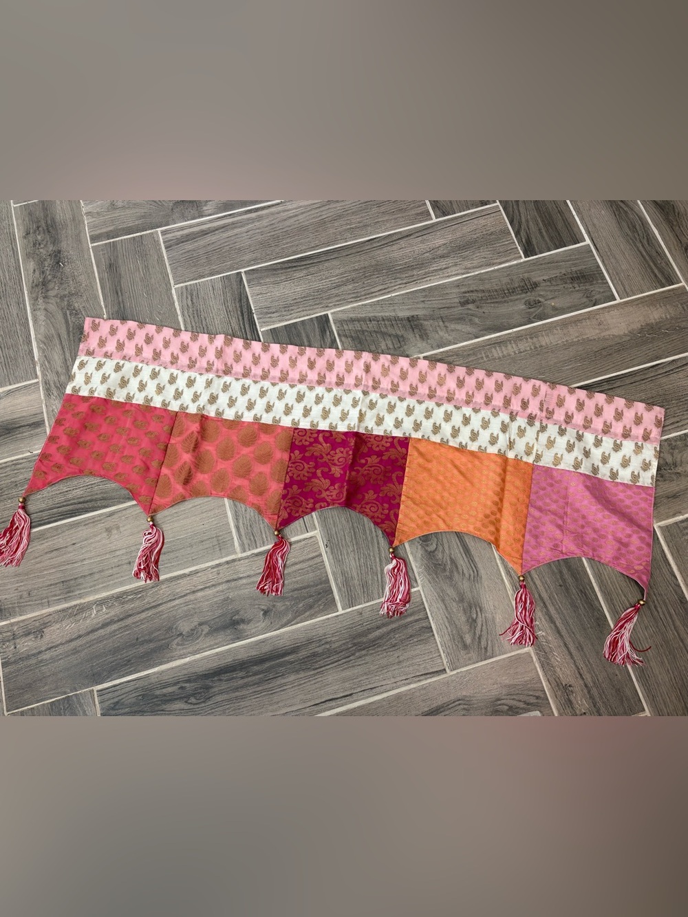 Pier 1 Imports Pink Gold Scalloped Window Valance Tassel Boho 47”